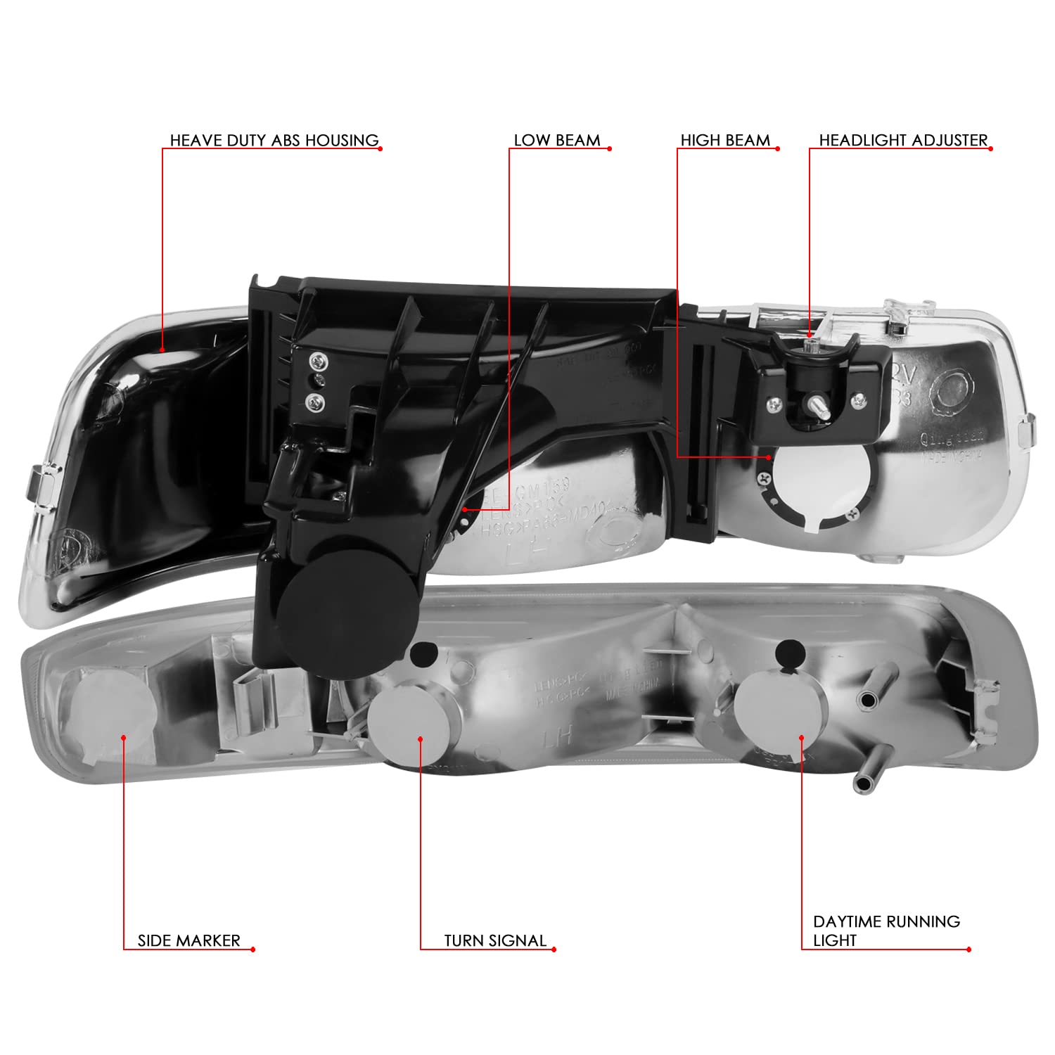 DNA MOTORING HL-OH-CS99-4P-CH-CL1 Headlight Assembly Compatible with 99-02 Silverado 00-06 Suburban/Tahoe Bottom Bumper Lights Fit OE Grill