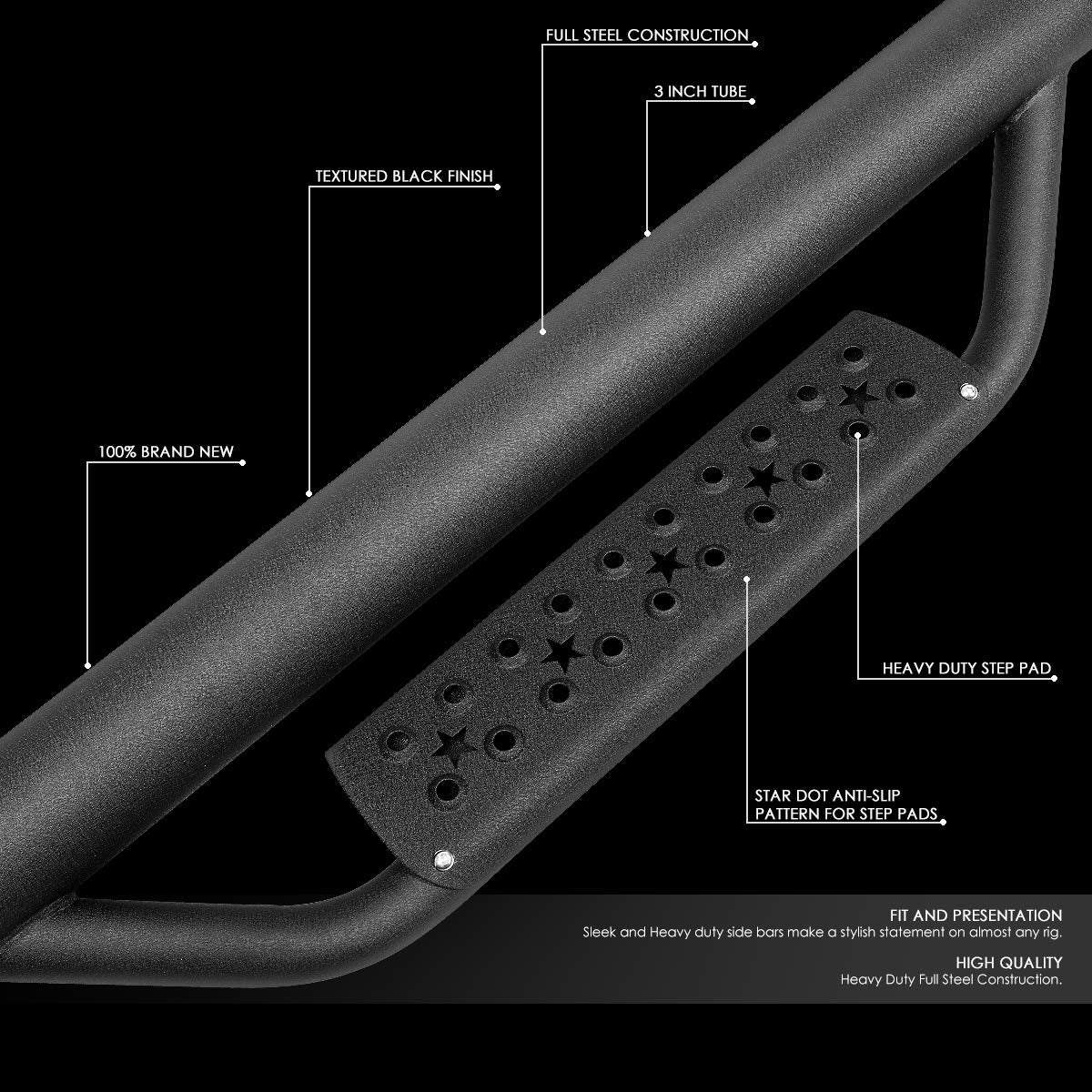 DNA MOTORING STEPB-ZTL-8232 3 Inches Powder Coated Side Step Nerf Bar Running Boards Compatible with 07-17 Jeep Wrangler 2-Dr / 18 Wrangler JK 2-Dr