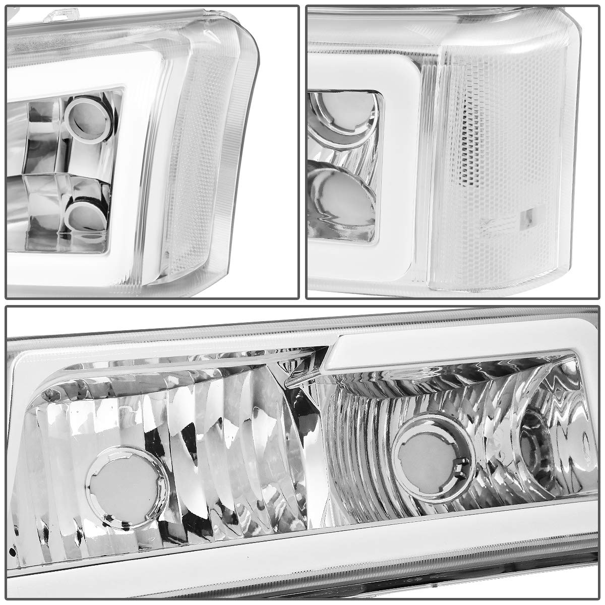 DNA MOTORING HL-LB-CSIL03-CH-CL1 Chrome Housing 3D LED DRL Headlight Bumper Lamp Set Compatible with 03-06 Silverado 1500-3500 / Avalanche 1500 2500