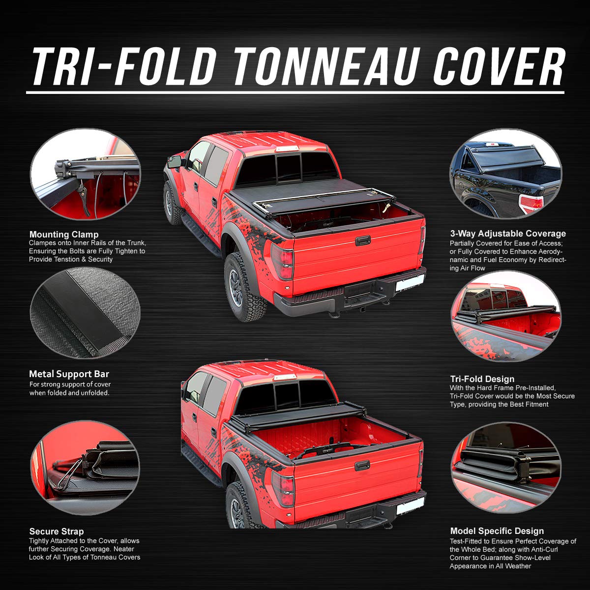 DNA MOTORING Truck Bed Soft Tri-Fold Adjustable Tonneau Cover Compatible with 94-04 S10 / Sonoma 6 Feet Fleetside Bed, TTC-TRISOFT-040