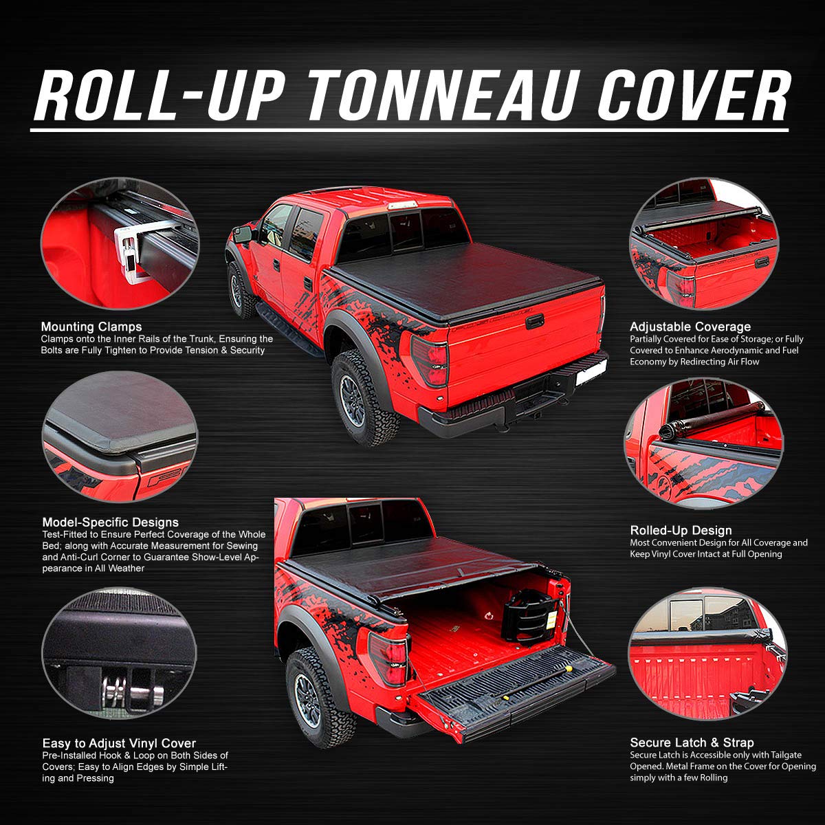 DNA Motoring TTC-RU-034 Truck Bed Soft Vinyl Roll-Up Tonneau Cover Compatible with 07-13 Silverado/Sierra 1500 6.5Ft Bed