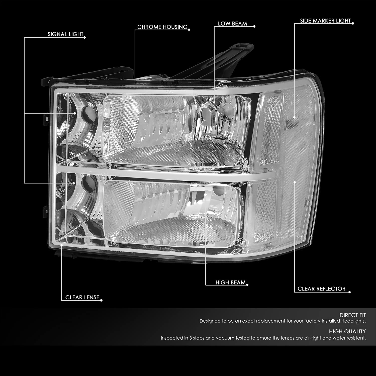 DNA MOTORING Pair Headlight Assembly Compatible With 07-13 GMC Sierra 1500/07-14 Sierra 2500 HD 3500 HD, Chrome/Clear, HL-OH-GMCSIE07-CH-CL1