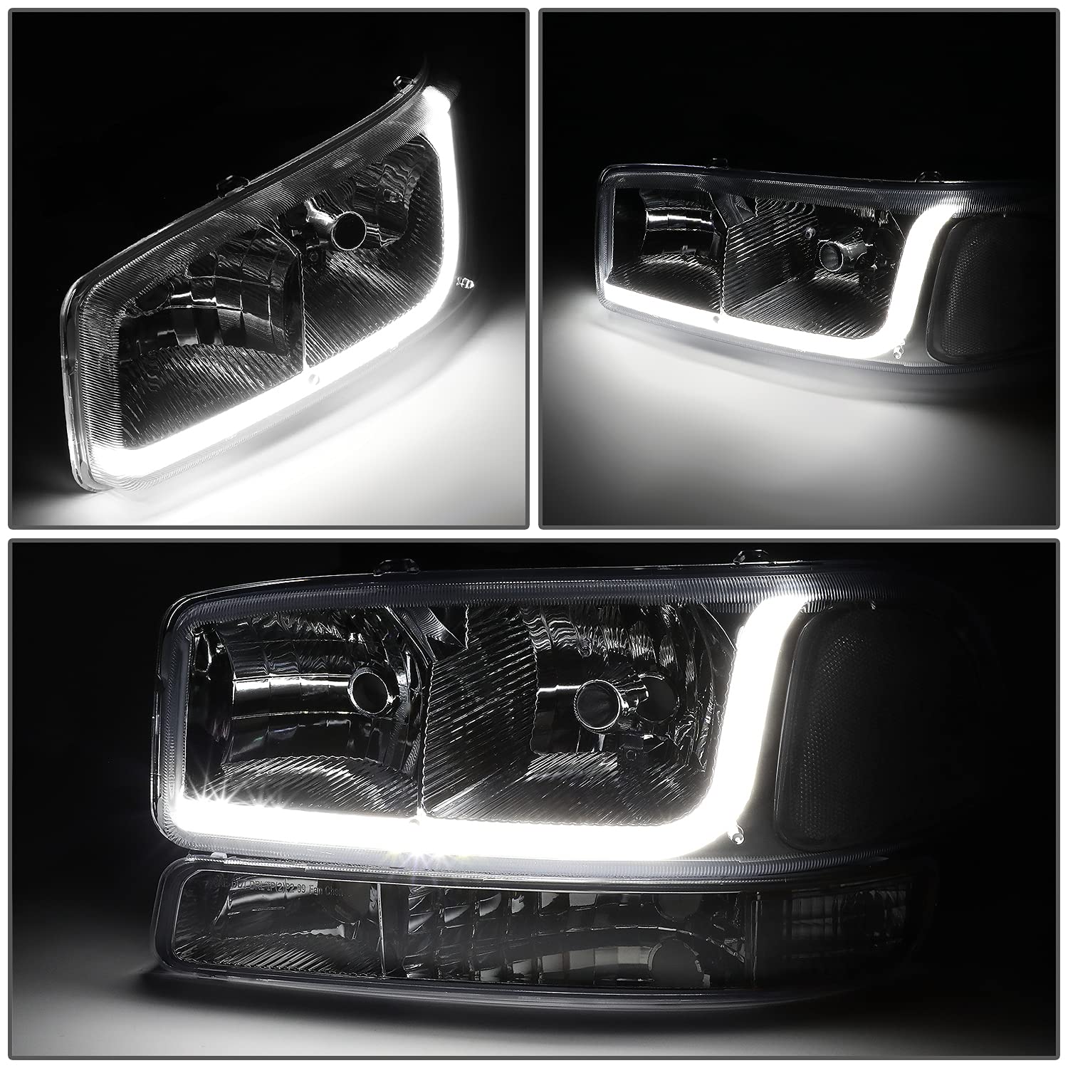 DNA MOTORING HL-LB-SIERRA99-CH-CL1 4PCs LED DRL Strip Headlight+Bumper Lamp[99-07 GMC Sierra/Yukon],Chrome Clear