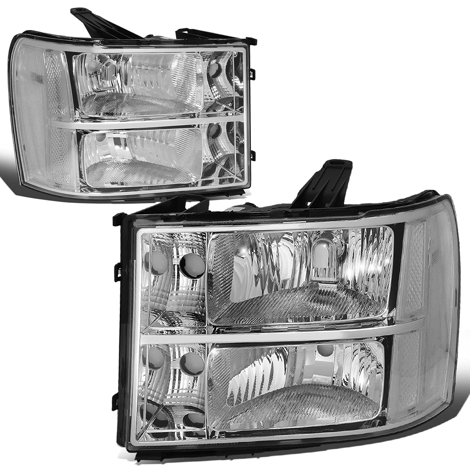 DNA MOTORING Pair Headlight Assembly Compatible With 07-13 GMC Sierra 1500/07-14 Sierra 2500 HD 3500 HD, Chrome/Clear, HL-OH-GMCSIE07-CH-CL1